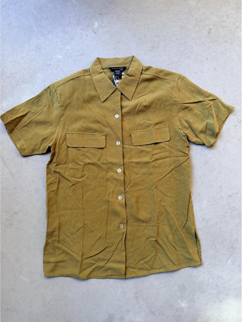 NWT Silkland Olive Green Short Sleeve Button-Up 100% Silk Shirt
